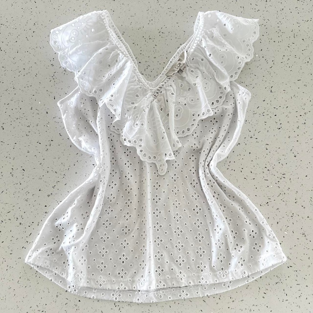 LOFT White Eyelet Ruffle V-Neck Sleeveless‎ Top Womens XS Boho Cottagecore